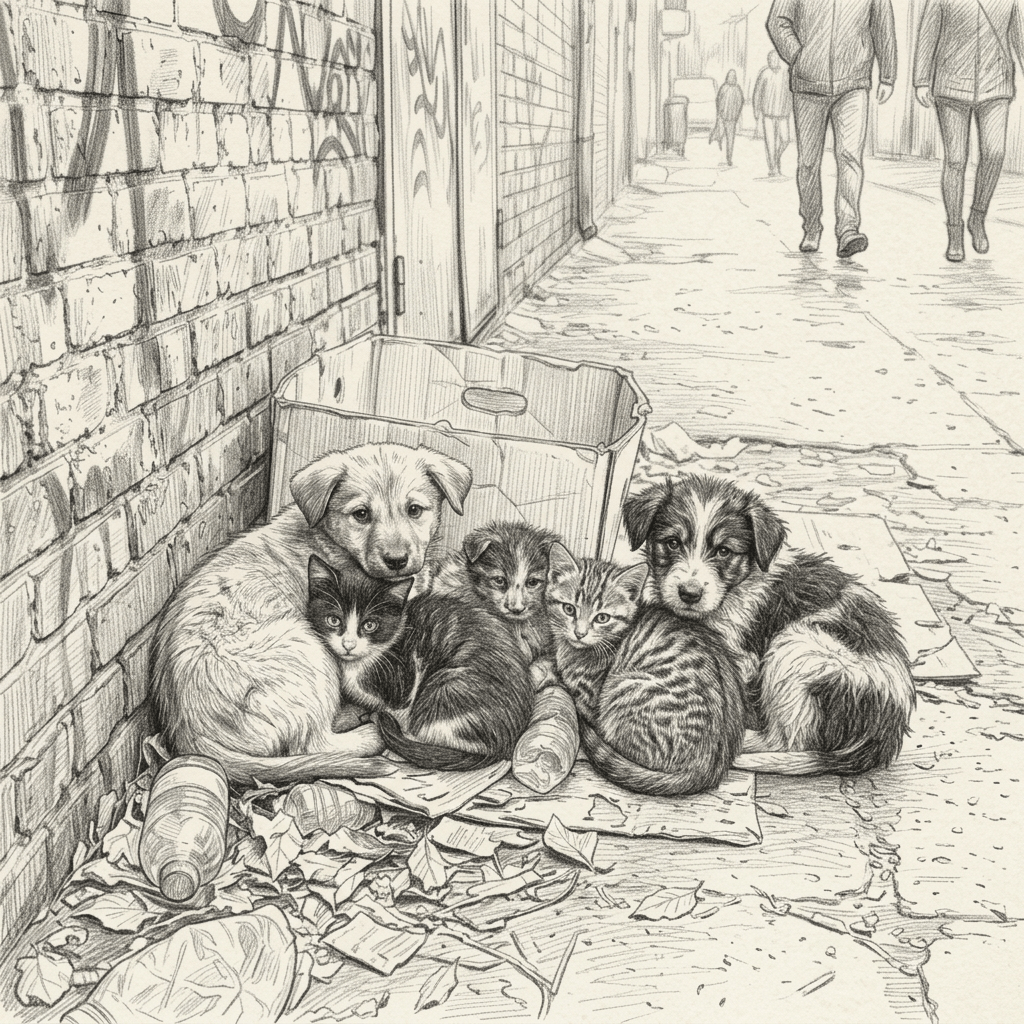 Five puppies and kittens sitting in a cardboard box on a littered alley pavement