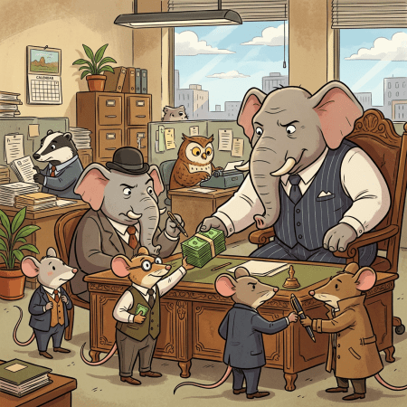Elephant handing money to a mouse at an office desk with other animal coworkers